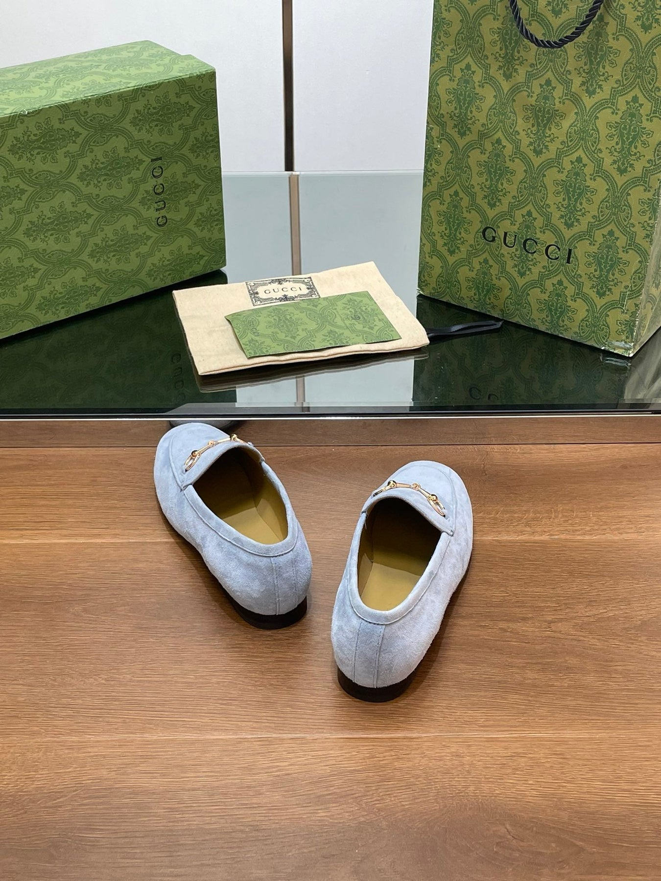 HORSEBIT LOAFER IN LIGHT BLUE SUEDE WITH GOLD HARDWARE