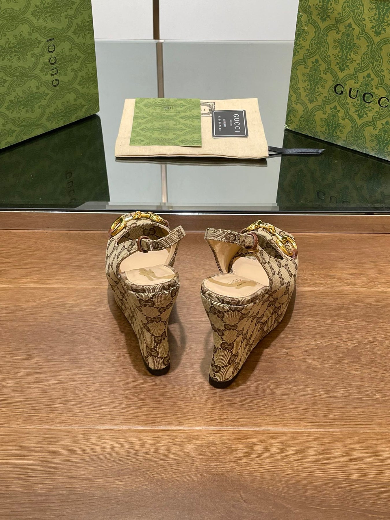 GG WEDGE PLATFORM IN CAMEL BROWN MONOGRAM JACQUARD FABRIC