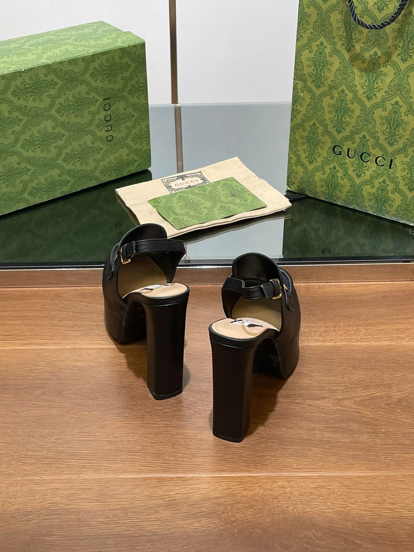 GG WOMEN'S HORSEBIT PLATFORM LOAFER SLINGBACK IN BLACK CALFSKIN