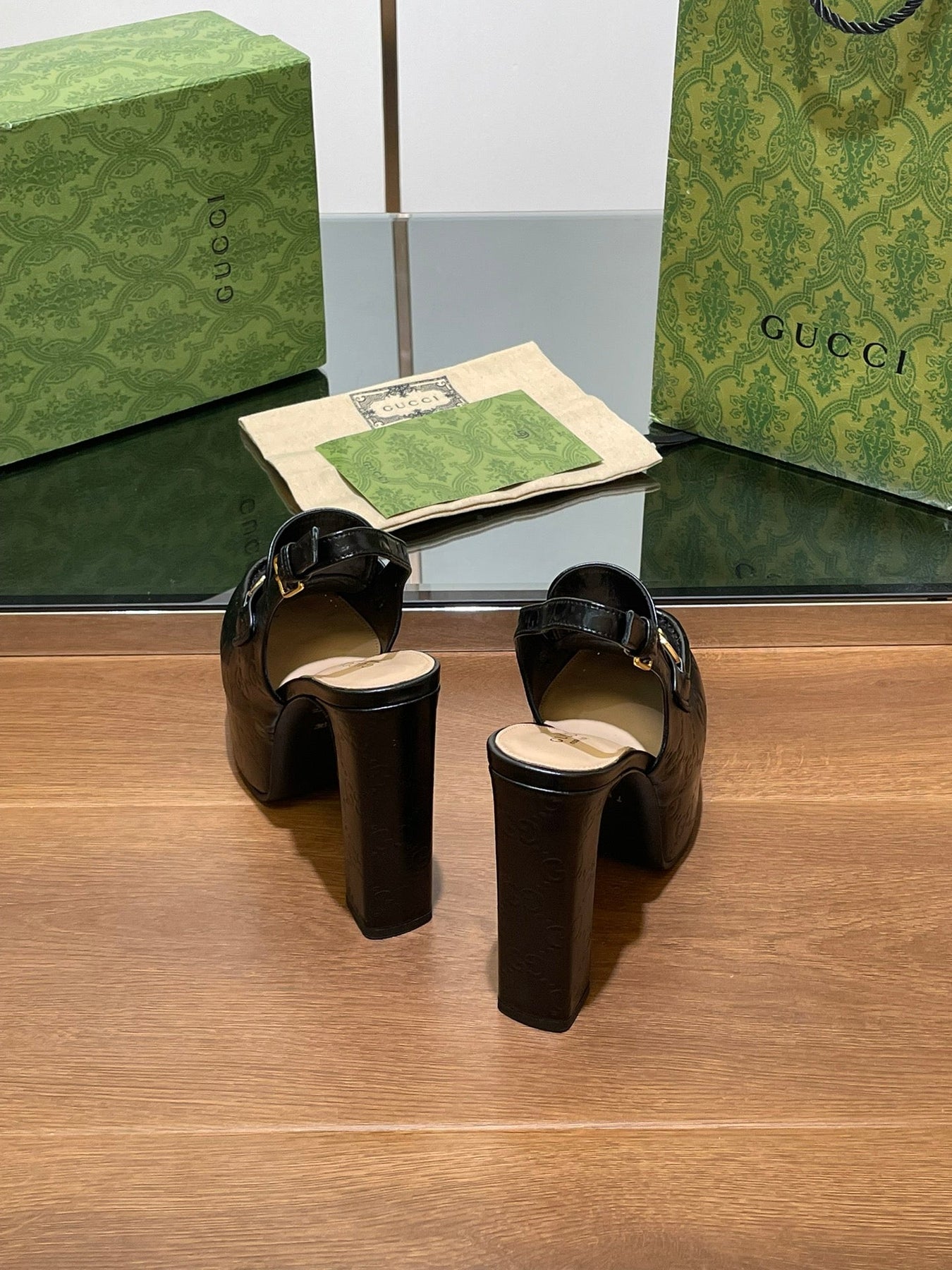 GG WOMEN'S HORSEBIT PLATFORM LOAFER SLINGBACK IN BLACK EMBOSSED CALFSKIN