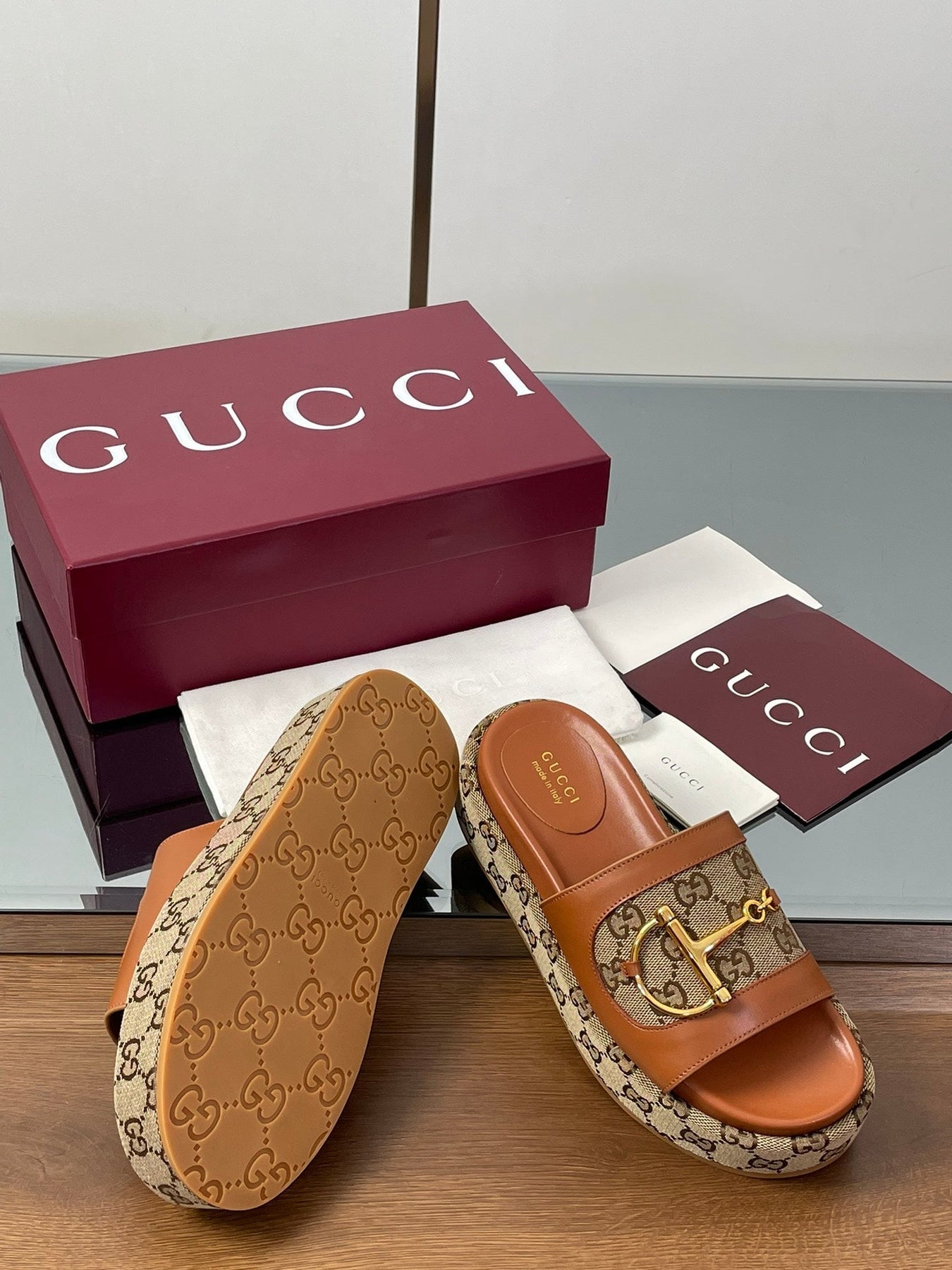 HIGH 5.5 CM WEDGE SANDALS IN BURNT BROWN MIX BEIGE CALFSKIN AND FABRIC