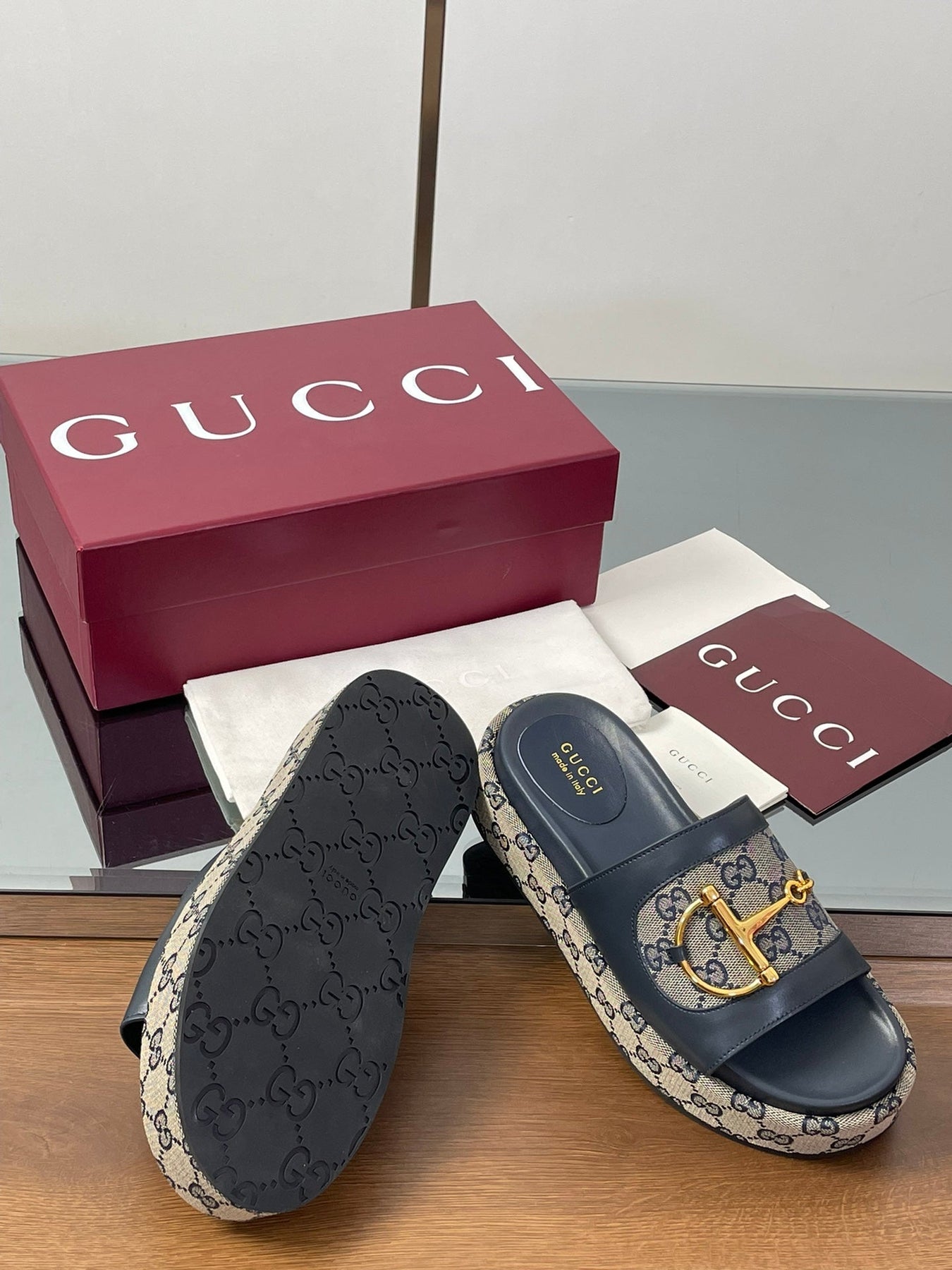 HIGH 5.5 CM WEDGE SANDALS IN BLACK AND BEIGE CALFSKIN AND FABRIC