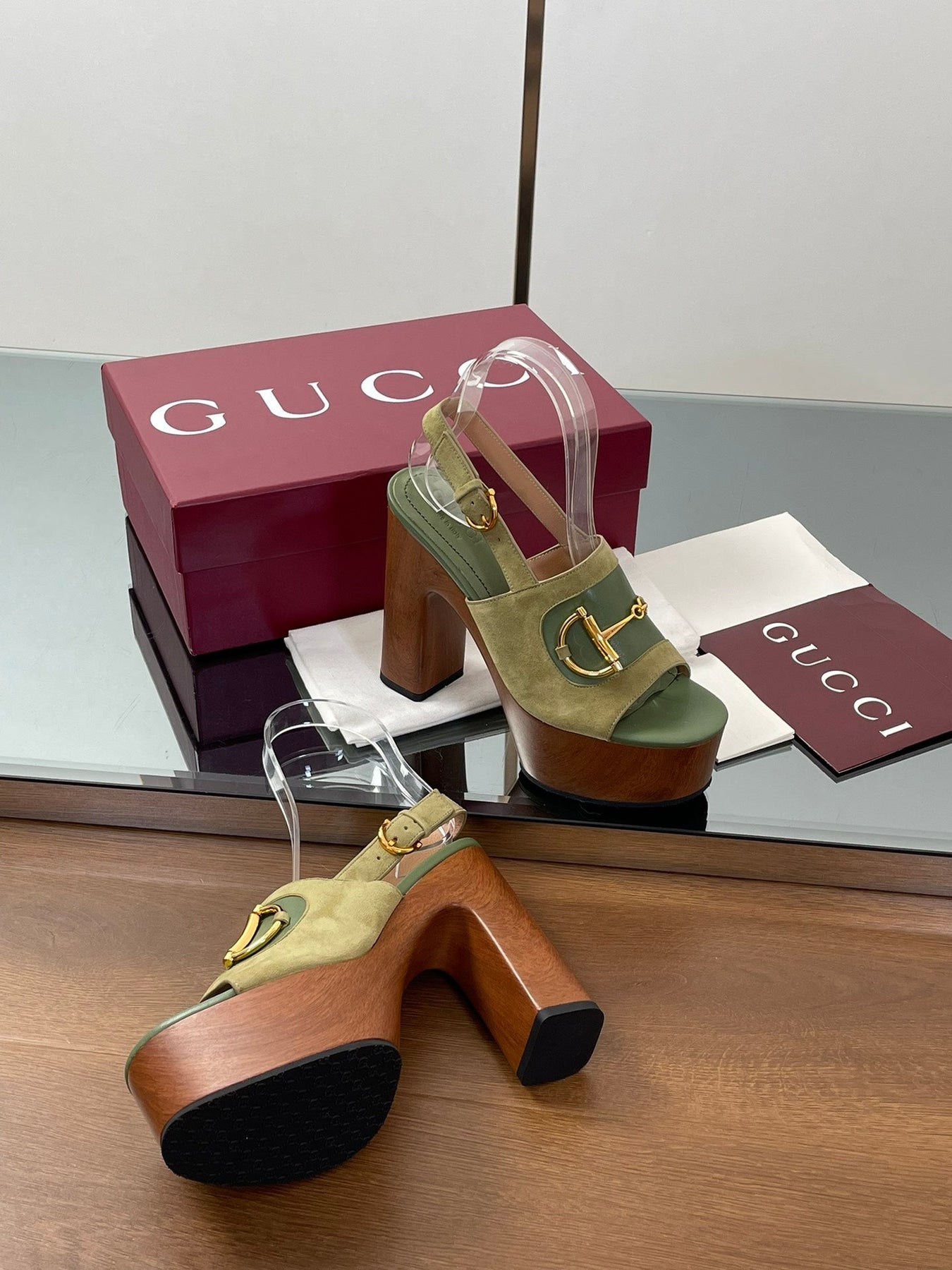 HIGH HEEL SANDALS 13 CM IN MOSS GREEN CALFSKIN MIX SUEDUE GOLD HARDWARE