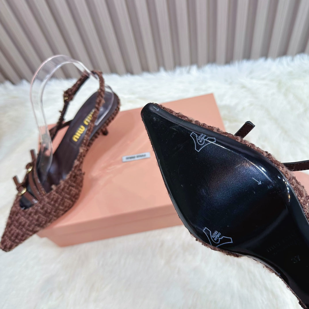 CROSS STRAP HIGH HEELED SLINGBACK IN CHOCOLATE TWEED