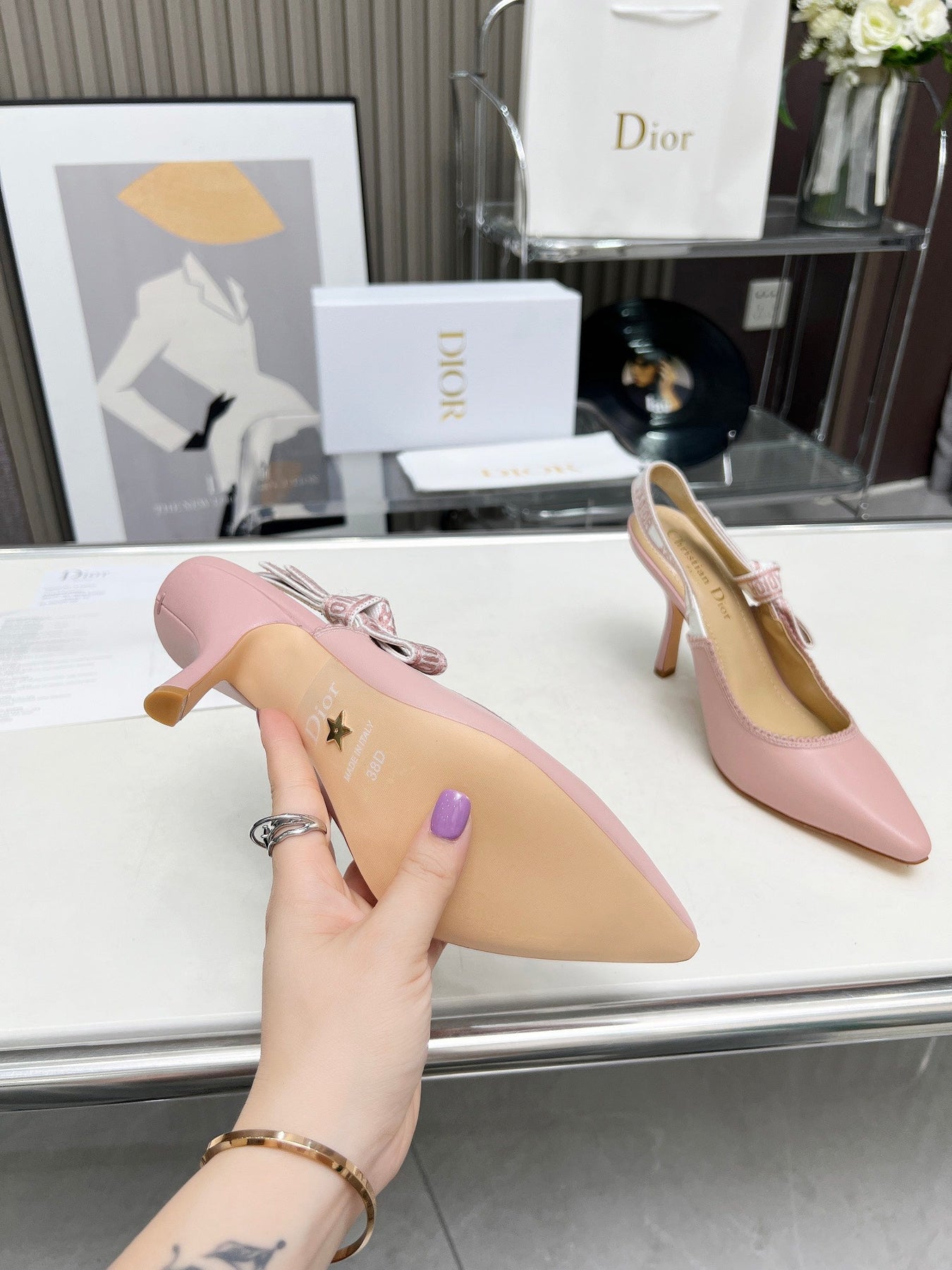 J'ADIOR SLINGBACK PUMP LIGHT PINK CALFSKIN AND EMBROIDERED FABRIC 10 CM