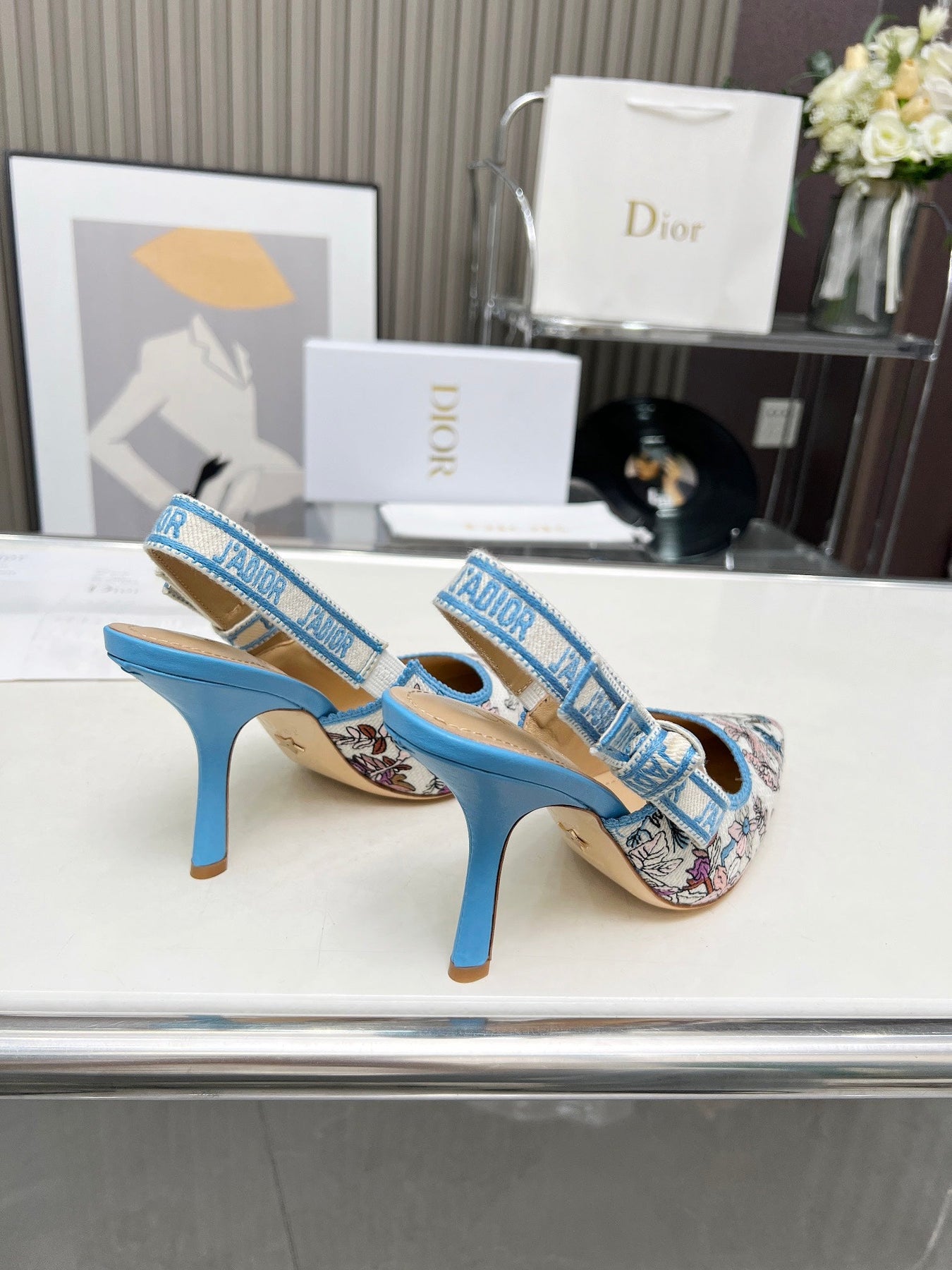 J'ADIOR SLINGBACK PUMP COLORFUL NATURAL RAFFIA AND EMBROIDERED COTTON 10 CM 130858