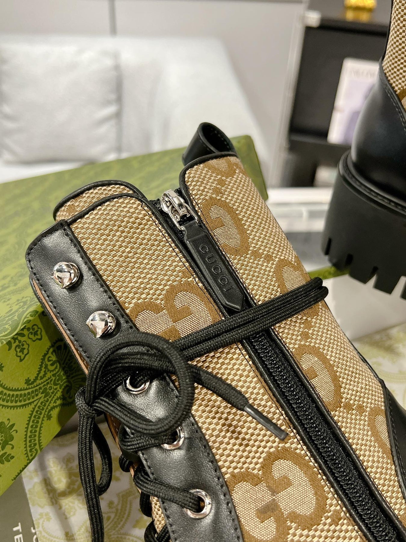 GG ANKLE BOOTS IN BEIGE MONOGRAM CANVAS AND BLACK SHEEPSKIN