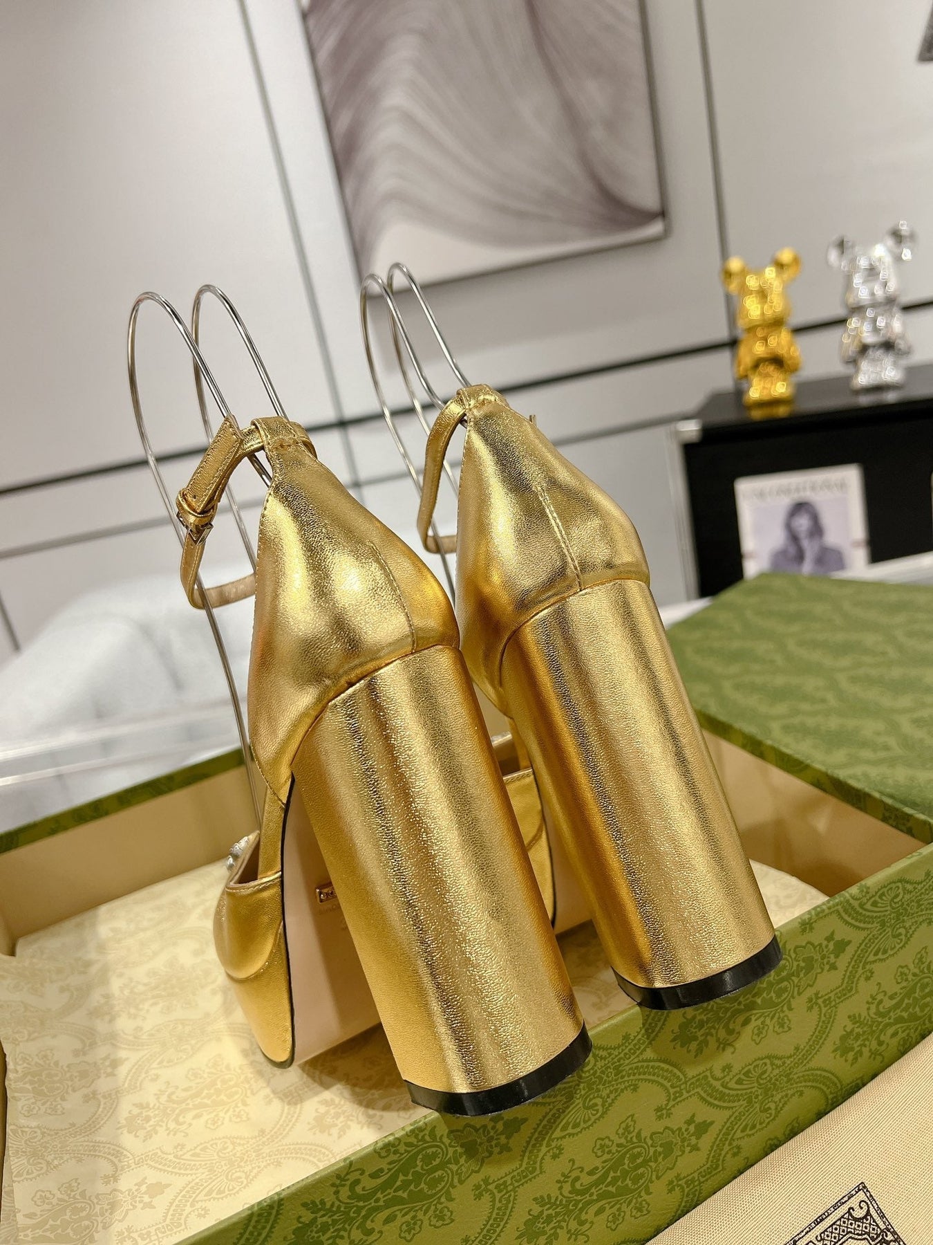 GG CRYSTALS PLATFORM PUMPS METALLIC GOLD CALFSKIN