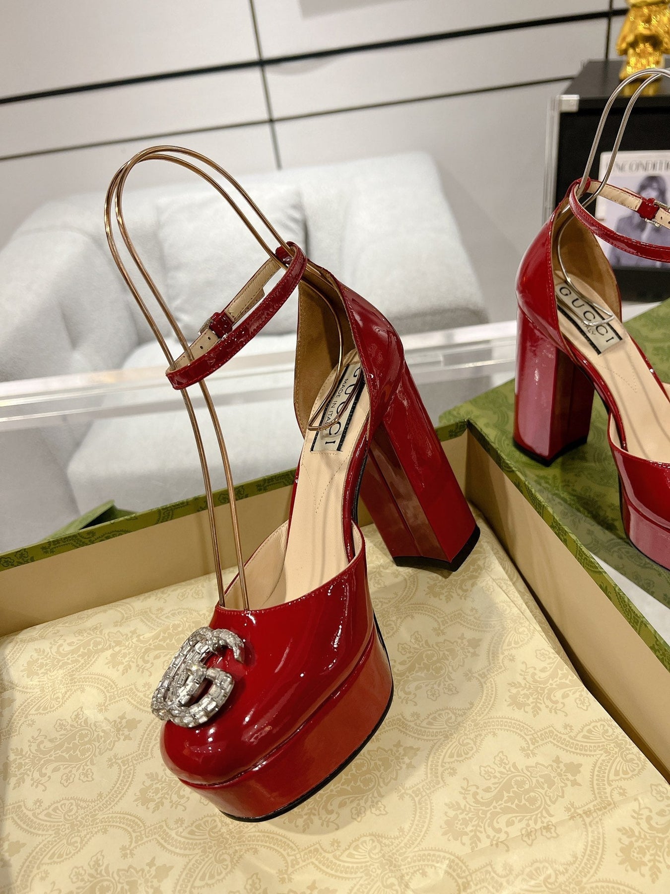 HIGH SANDAL SQUARE HEEL 12 CM IN CHERRY RED CALFSKIN