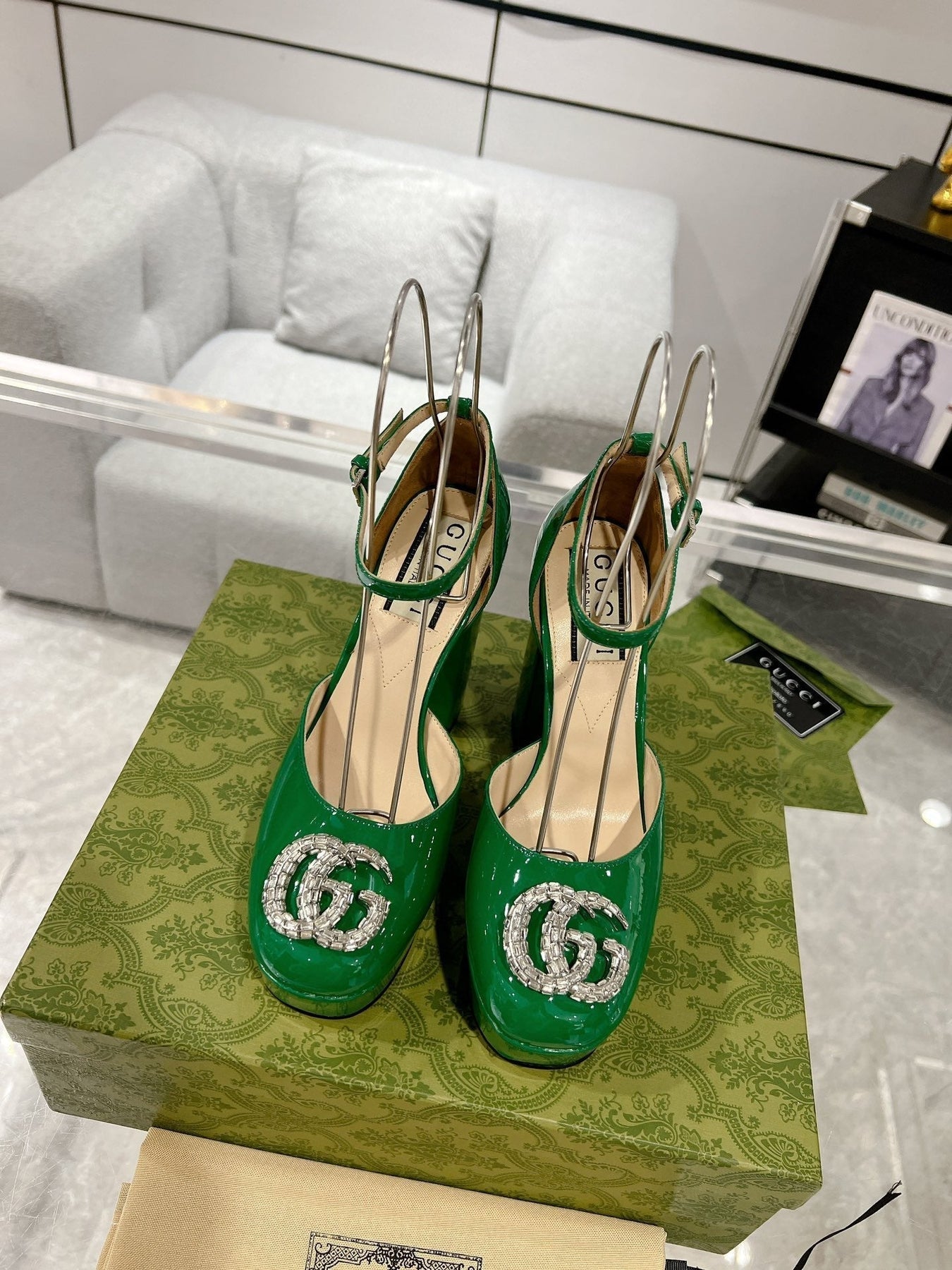 HIGH SANDAL SQUARE HEEL 12 CM IN DARK GREEN CALFSKIN