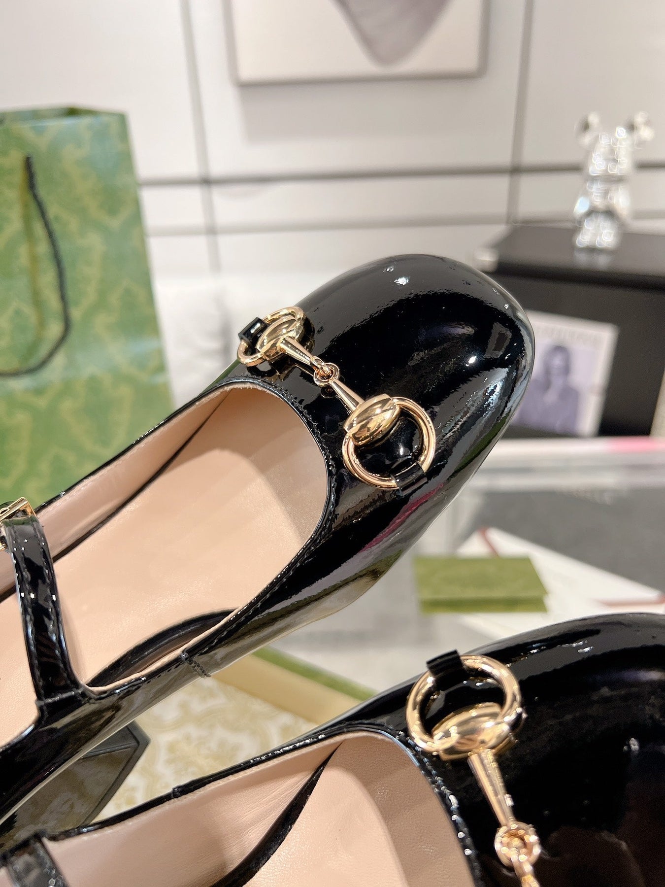 HORSEBIT MARY JANE HEEL IN BLACK CALFSKIN GOLD HARDWARE