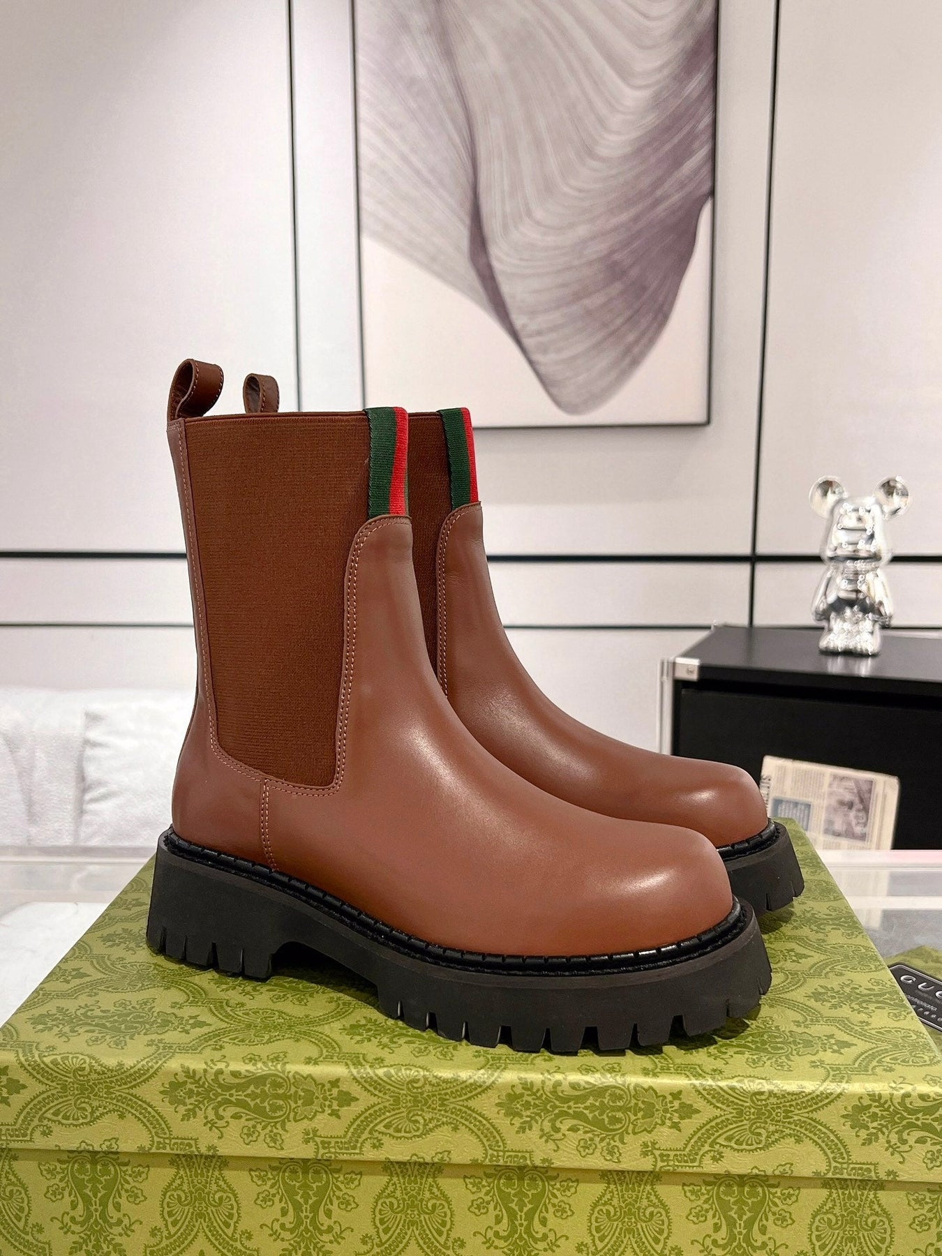 GG ANKLE BOOTS WITH WEB IN CINNAMON BROWN CALFSKIN AND FABRIC