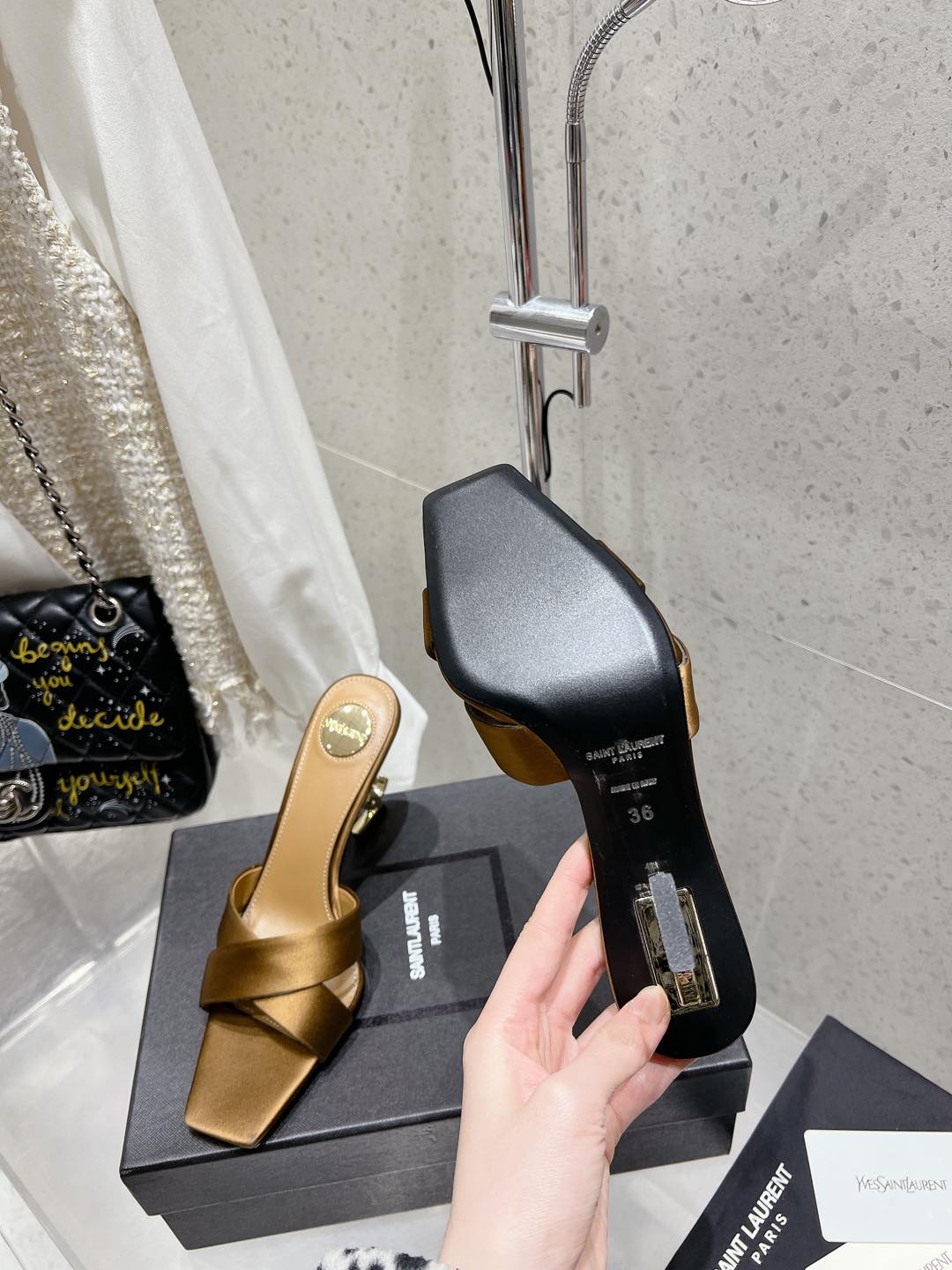 OPYUM HIGH MULES 85 MM IN METALLIC GOLD SATIN CREPE