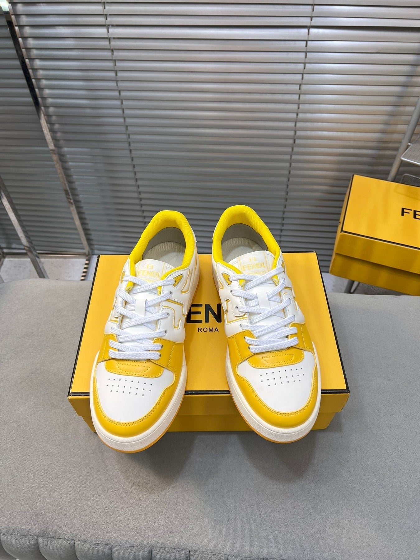 FENDI MATCH LOW TOPS IN BRIGHT YELLOW MIX WHITE CALFSKIN AND MESH