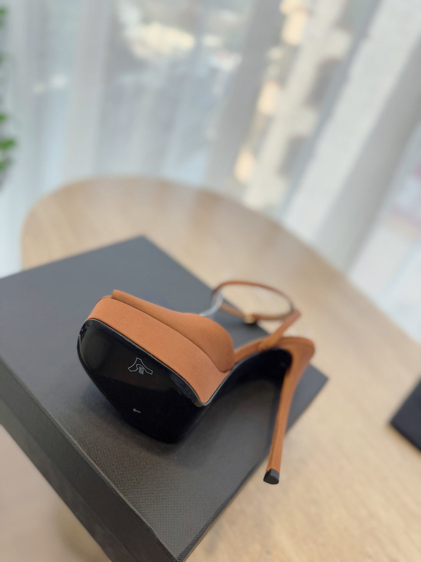 LA SCANDALE HIGH 14 CM PLATFORM SANDALS IN BRONZE BROWN SATIN CREPE