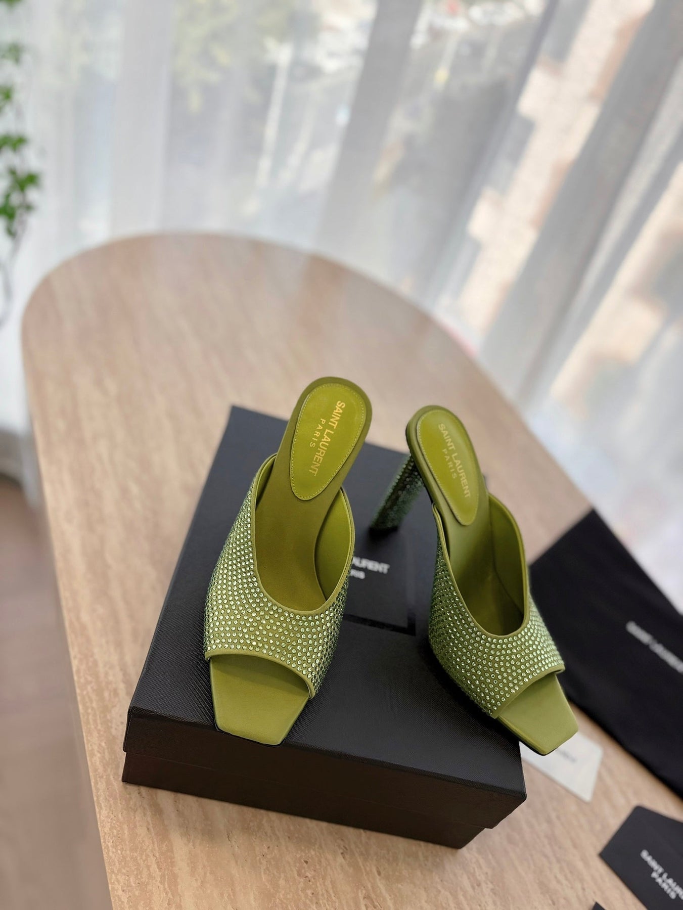 HIGH HEEL BLONDE MULE 10 CM IN OLIVE GREEN SATIN WITH RHINESTONES