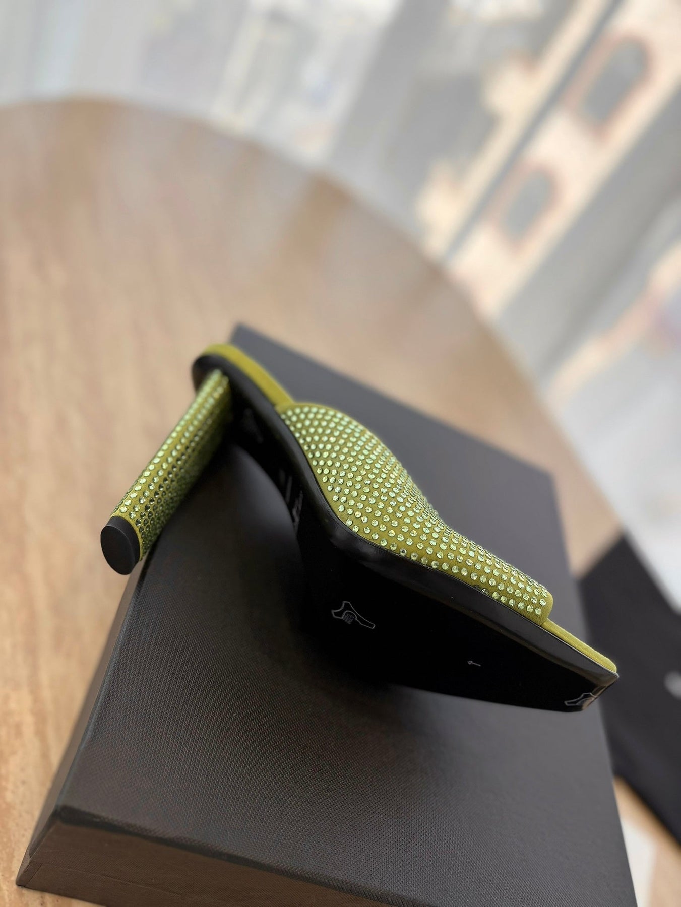 HIGH HEEL BLONDE MULE 10 CM IN OLIVE GREEN SATIN WITH RHINESTONES