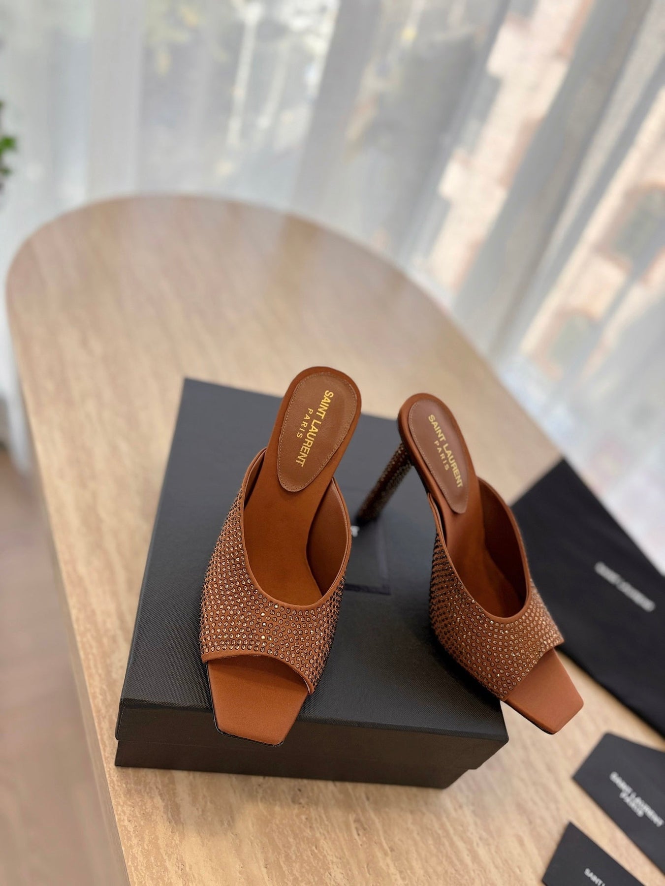 HIGH HEEL BLONDE MULE 10 CM IN BRONZE BROWN SATIN WITH RHINESTONES