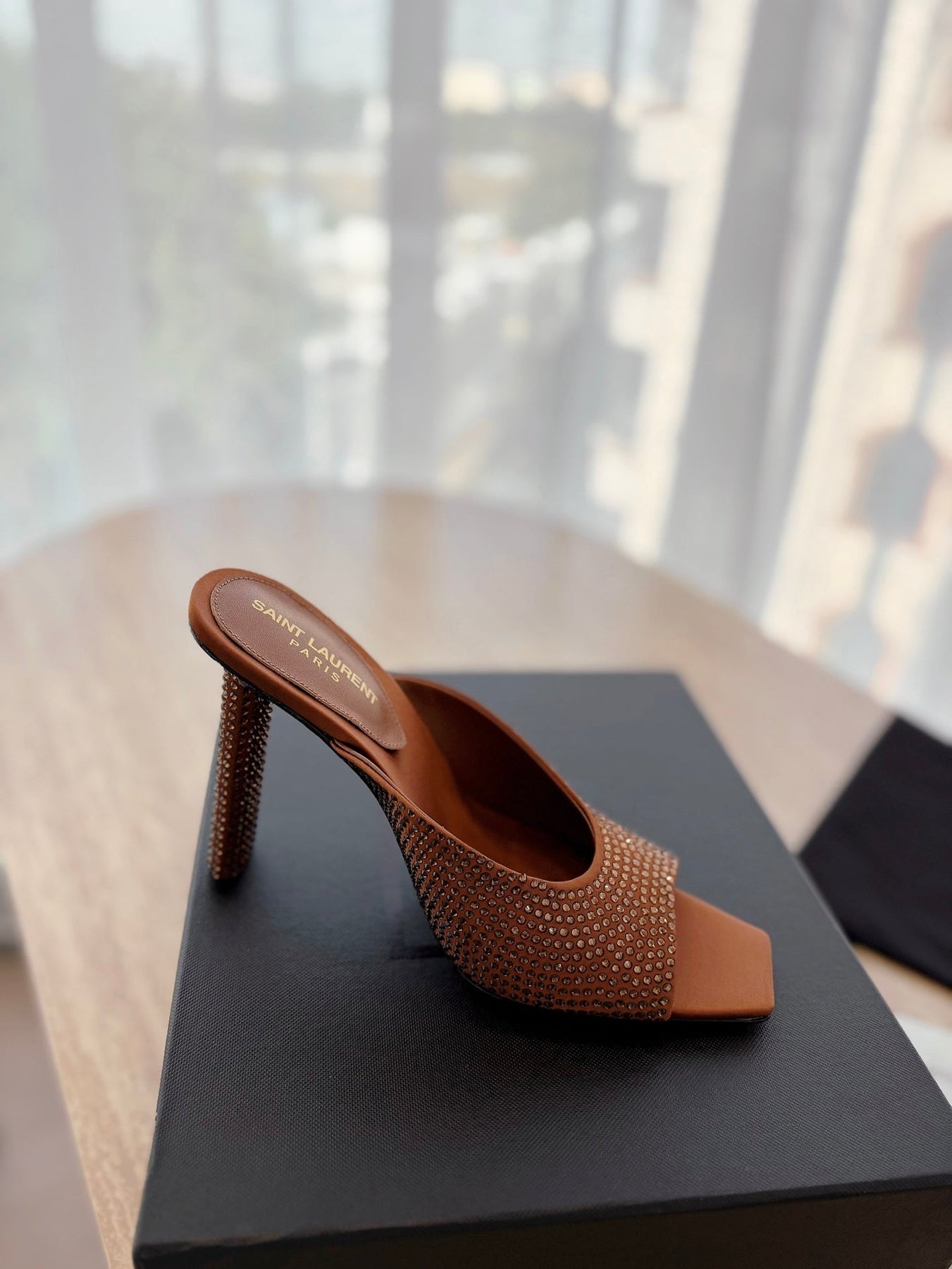 HIGH HEEL BLONDE MULE 10 CM IN BRONZE BROWN SATIN WITH RHINESTONES