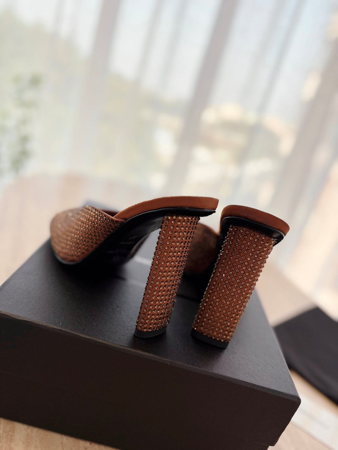 HIGH HEEL BLONDE MULE 10 CM IN BRONZE BROWN SATIN WITH RHINESTONES