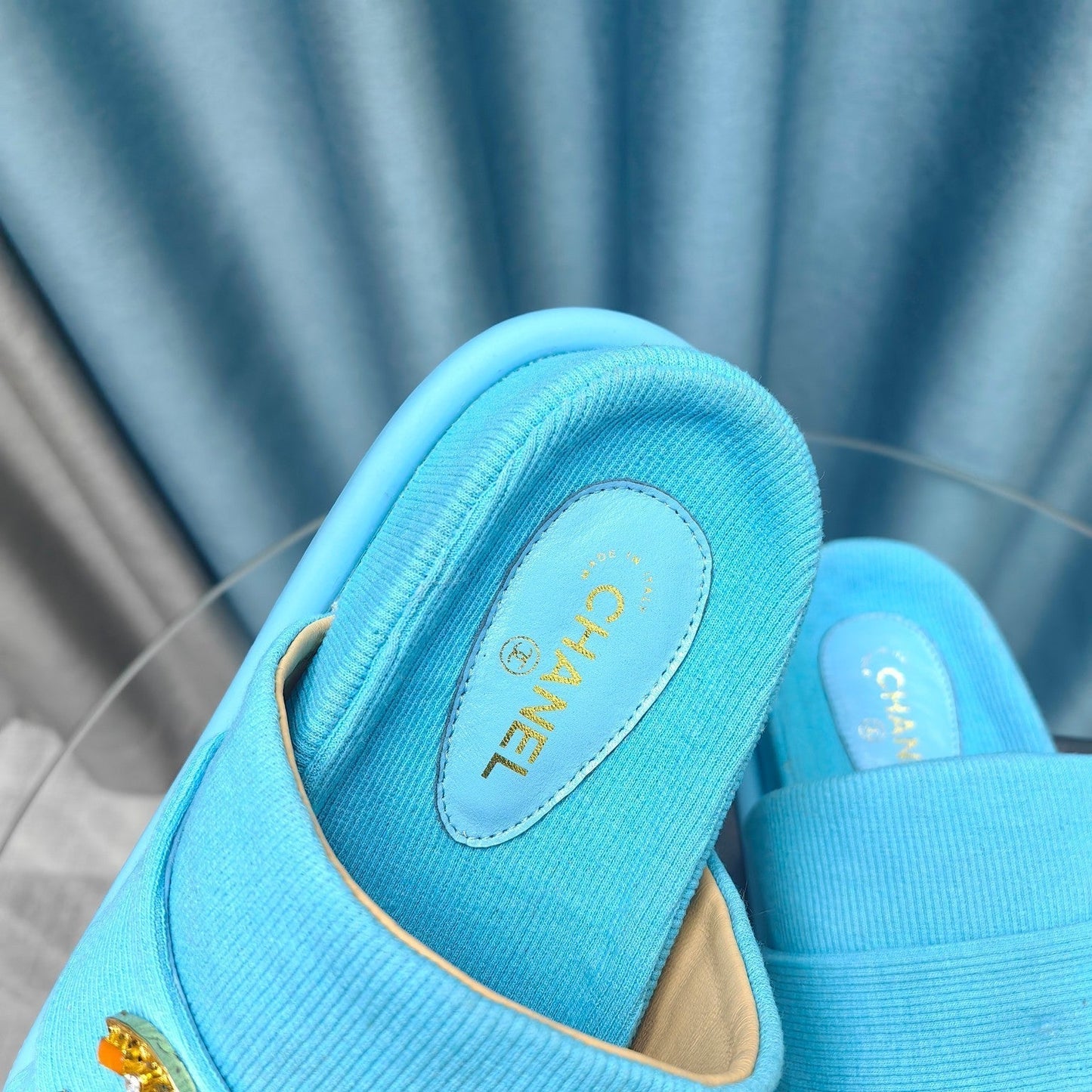 PLATFORM HEELS SANDALS IN SAPPHIRE BLUE WOOLEN FABRIC