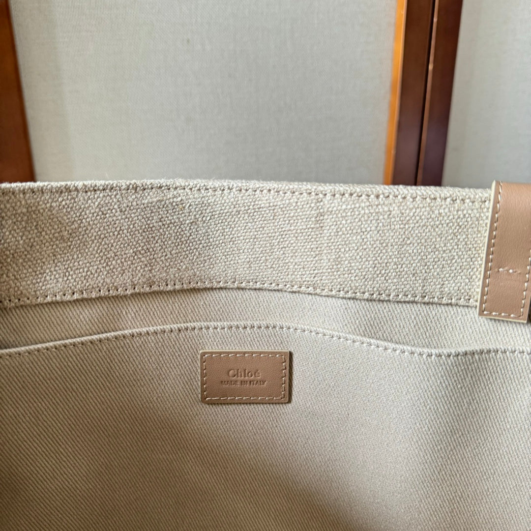 LAGRE WOODY TOTE BAG 45 IN BEIGE LINEN CANVAS LIGHT PINK WEBBING LOGO EMBROIDERY