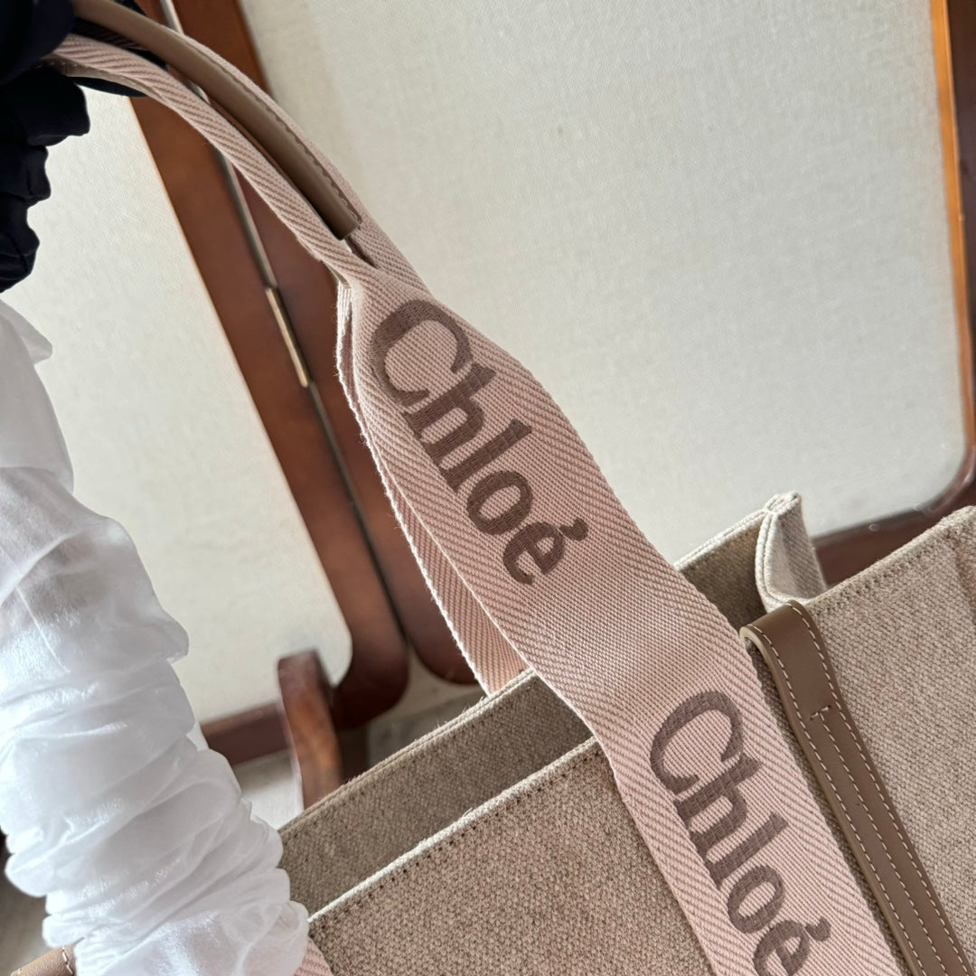 MEDIUM WOODY TOTE BAG 37 IN BEIGE LINEN CANVAS LIGHT PINK WEBBING LOGO EMBROIDERY