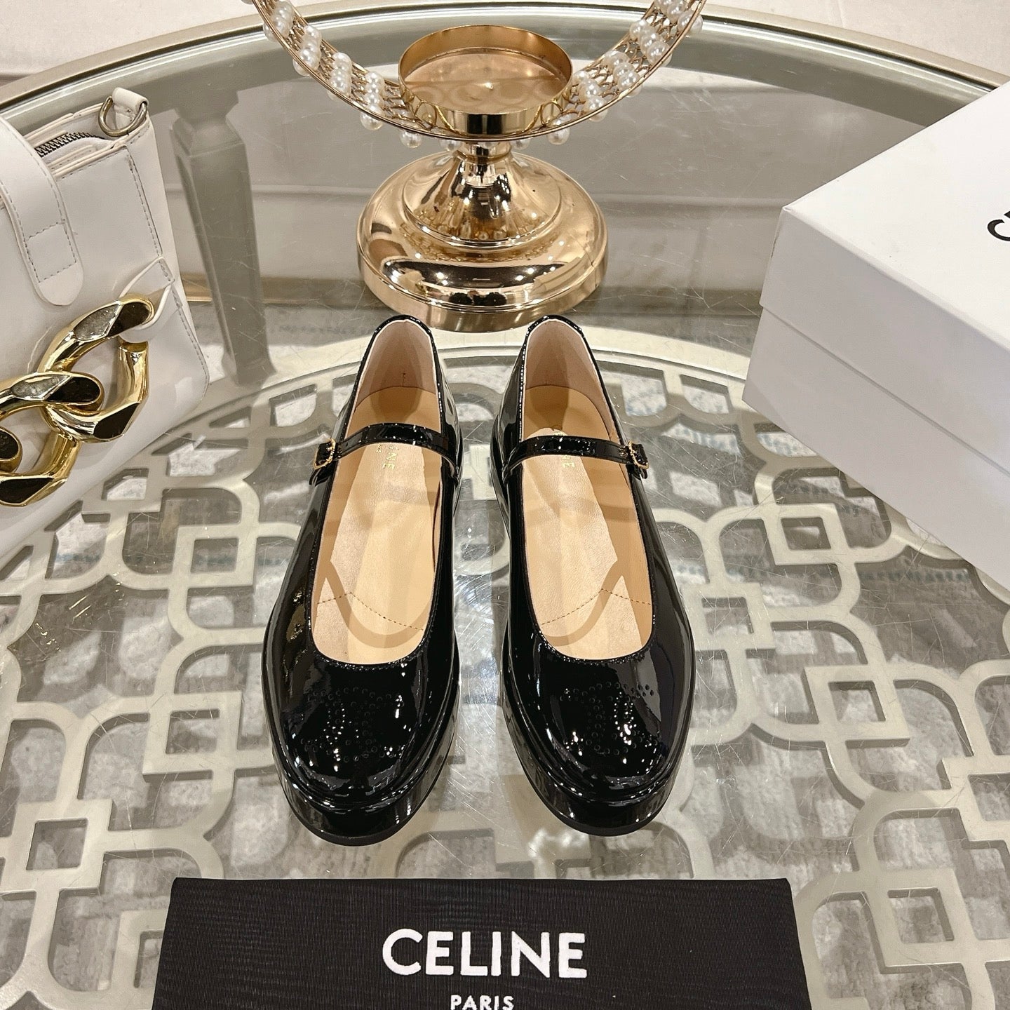 CLARA WEDGE MARY-JANE BALLERINA IN BLACK PATENT CALFSKIN