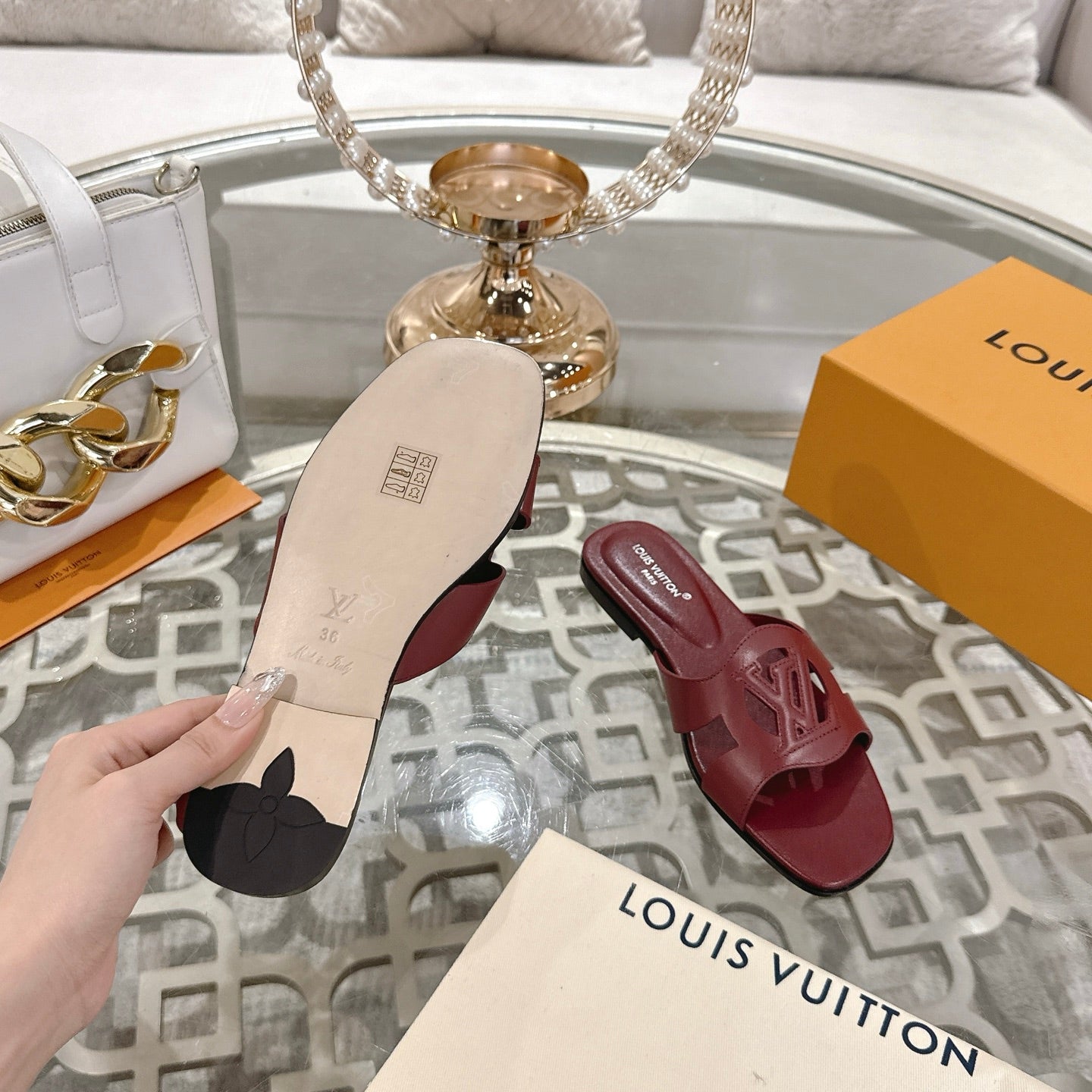 ISOLA FLAT SLIDE IN JAM RED CALFSKIN