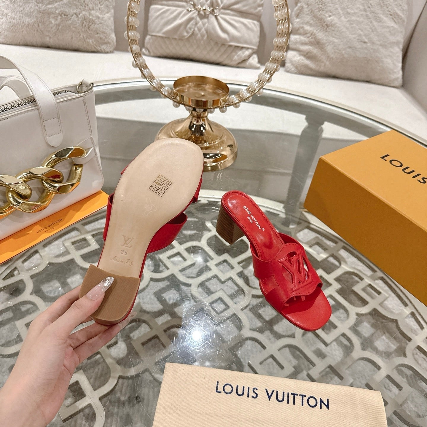 ISOLA HIGH 55 MM MULE IN CHERRY RED CALFSKIN