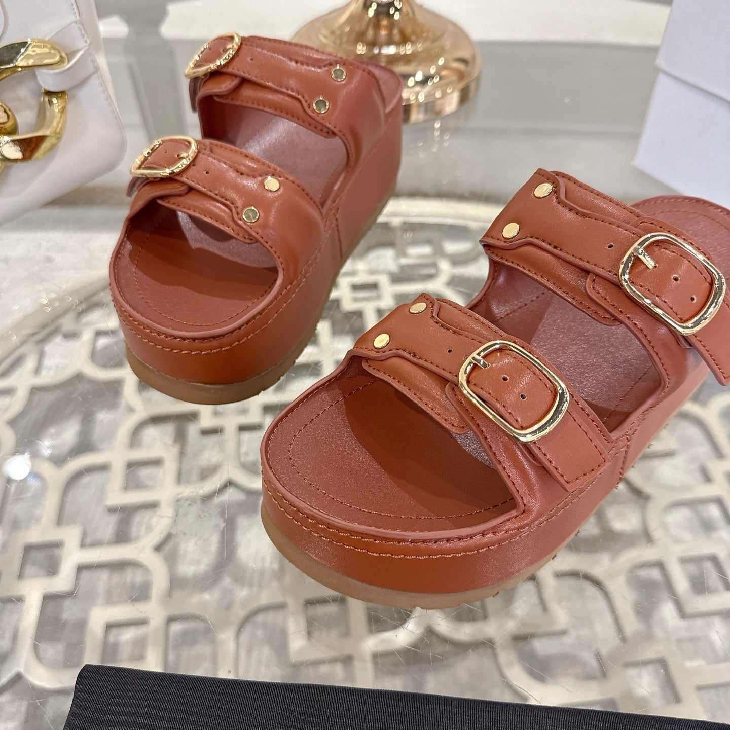 POLLY WEDGE MULE IN TAN BROWN SHINY CALFSKIN