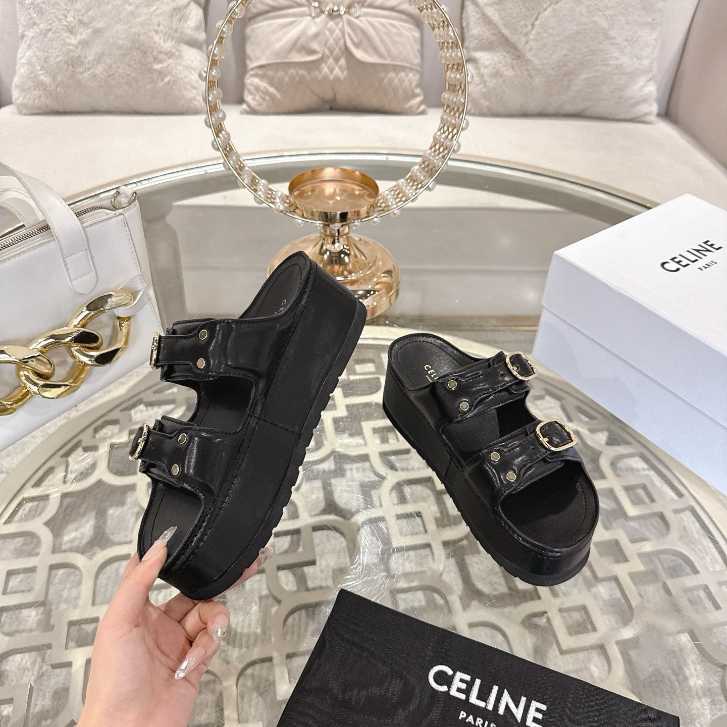 POLLY WEDGE MULE IN BLACK SHINY CALFSKIN