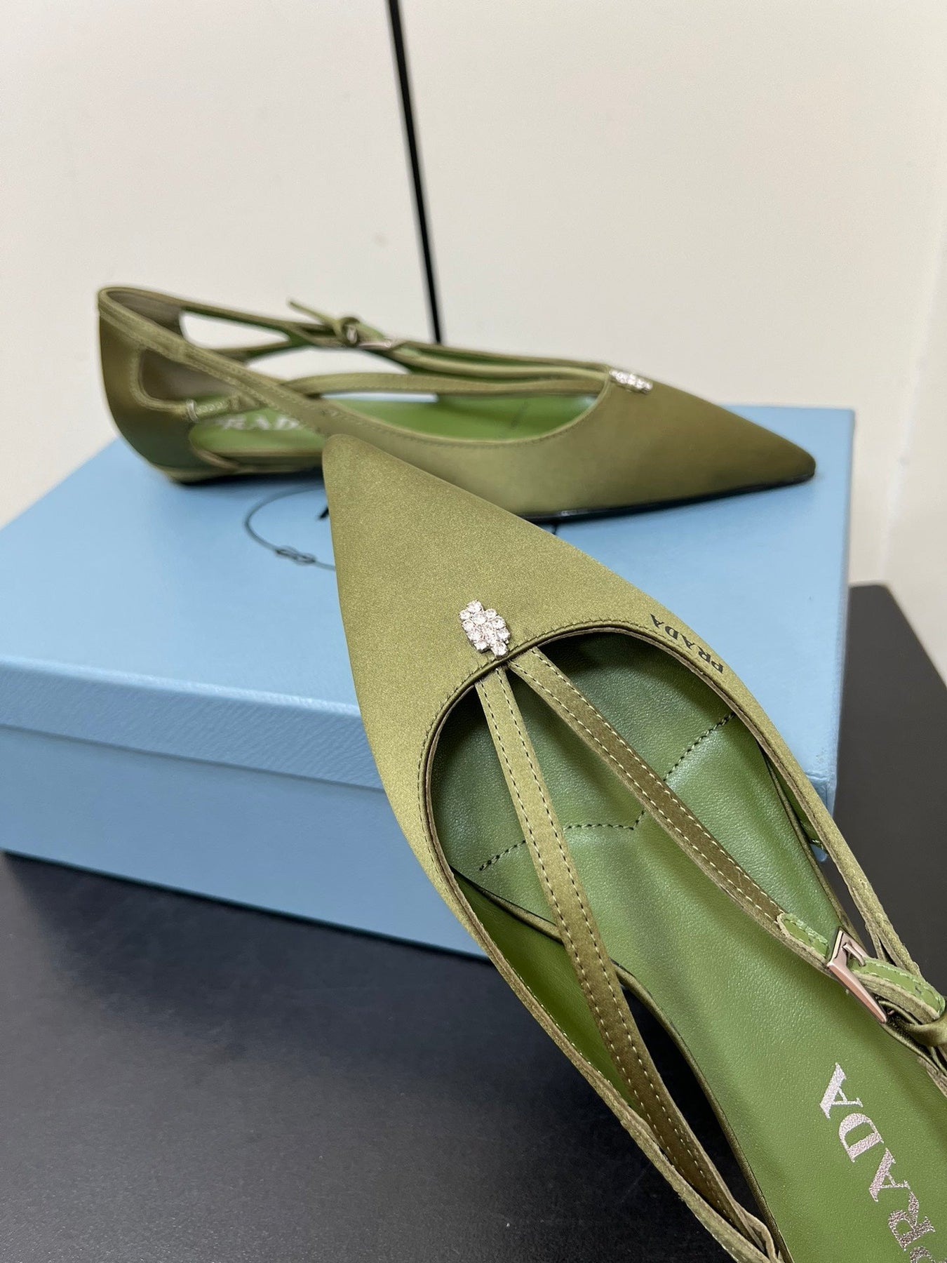 CUT-OUT BALLERINA FLAT IN OLIVE GREEN SATIN ATTACHED BEAD BUCKLE