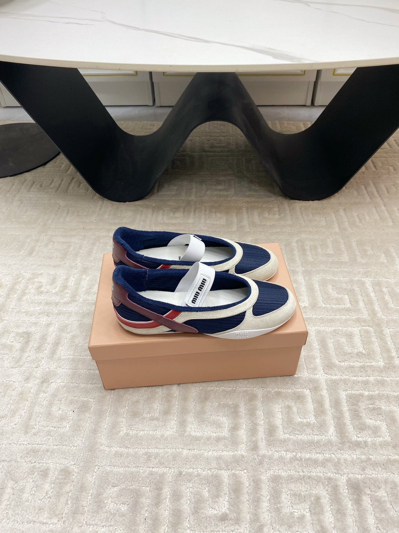 BALLET FLAT SHOES IN NAVY MESH AND WHITE SUEDE