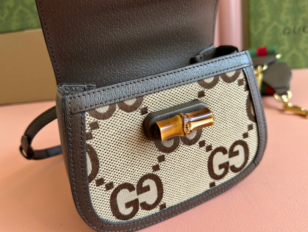 BAMBOO 1947 MINI BAG 17 IN BROWN CALFSKIN AND BEIGE CANVAS