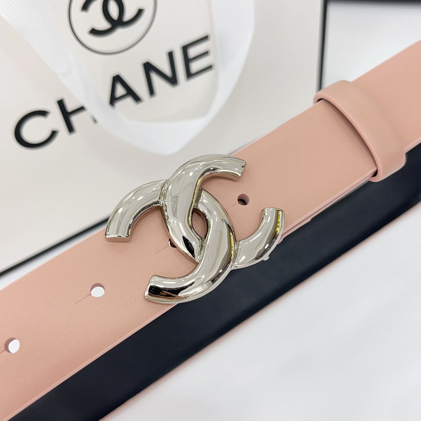DOUBLE C BELT 30MM IN BABY PINK CALFSKIN WITH SHINY SILVER BUCKLE