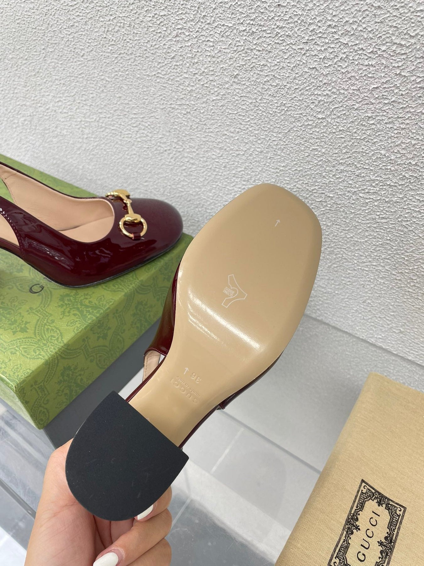 GG WOMEN'S HORSEBIT SLINGBACK 95MM IN WINE RED CALFSKIN WITH RHINSTONES