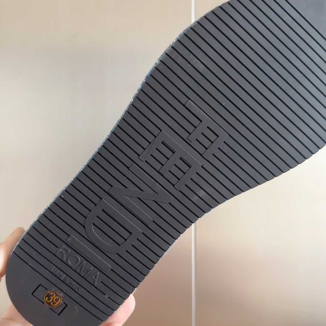 FENDI PLATFORM WEDGES IN STEEL BLUE JACQUARD FABRIC WITH EMBROIDERED LOGO