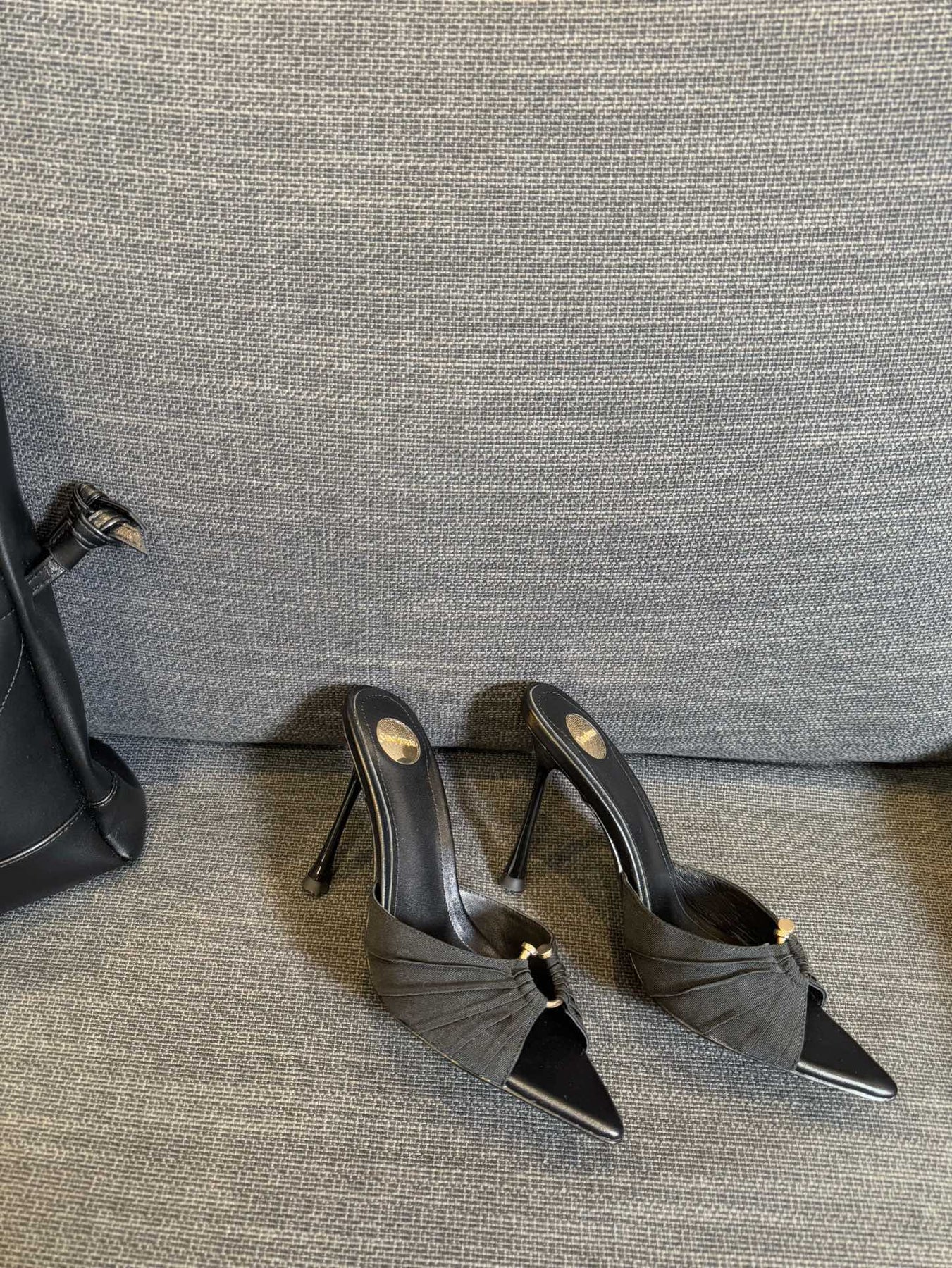 LOLA HIGH MULES IN BLACK SMOOTH LAMBSKIN AND DRAPED JERSEY