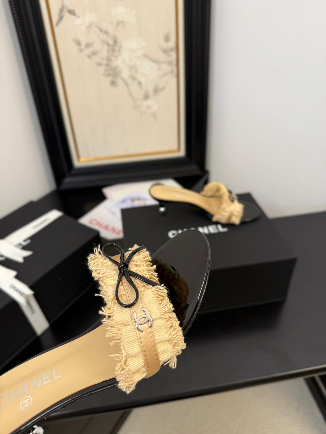 SAND YELLOW GROSGRAIN CANVAS BOW MULE SANDALS 65 MM