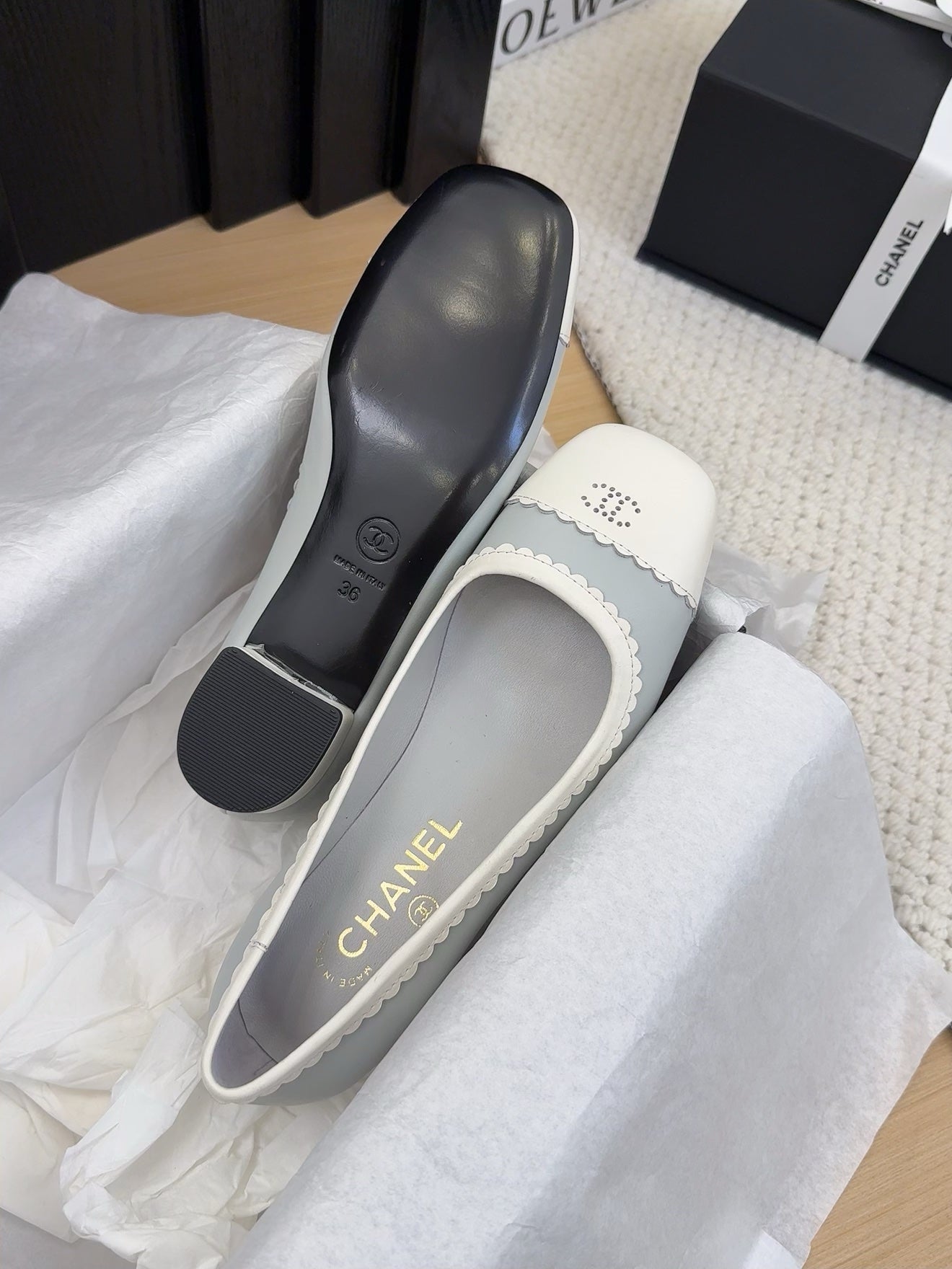 BALLET FLAT IN WHITE MIX STONE BLUE CALFSKIN