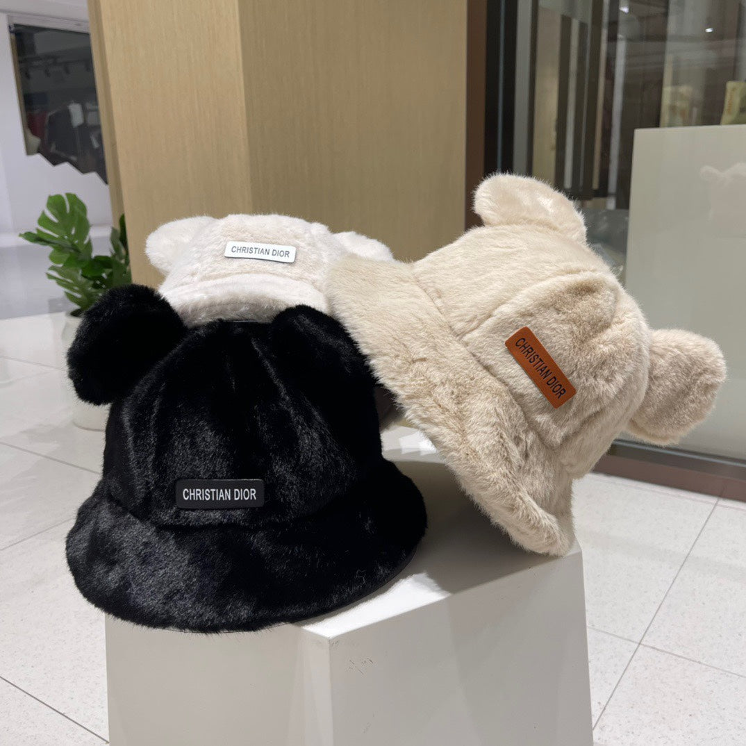 BUCKET HAT WITH CUTE BEAR EARS IN BLACK MINK FUR 422026