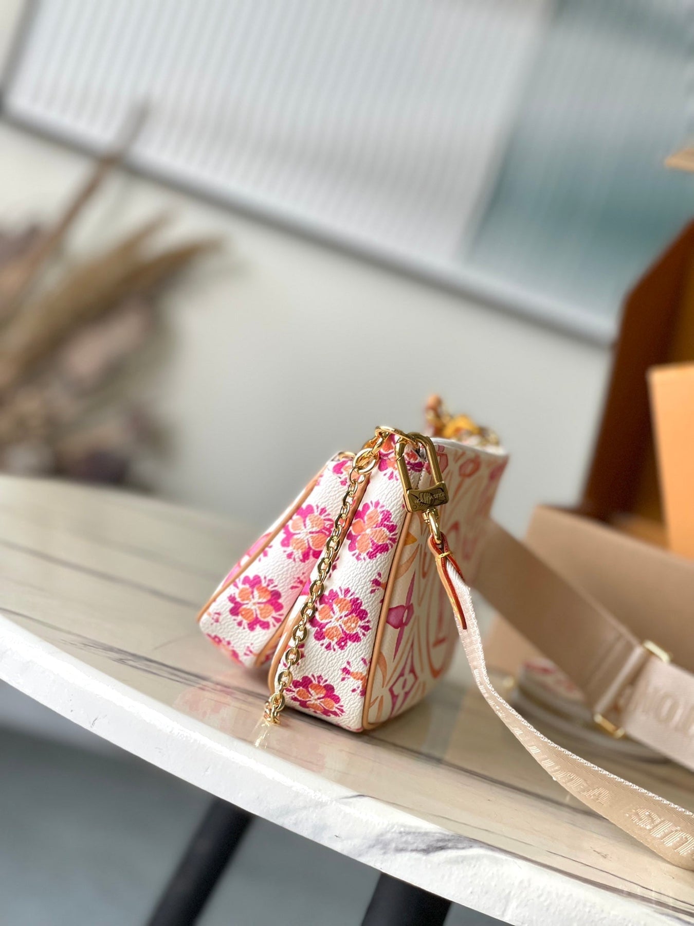 MULTI POCHETTE ACCESSOIRES 24 IN CORAL MONOGRAM TILES CANVAS GOLD HARDWARE