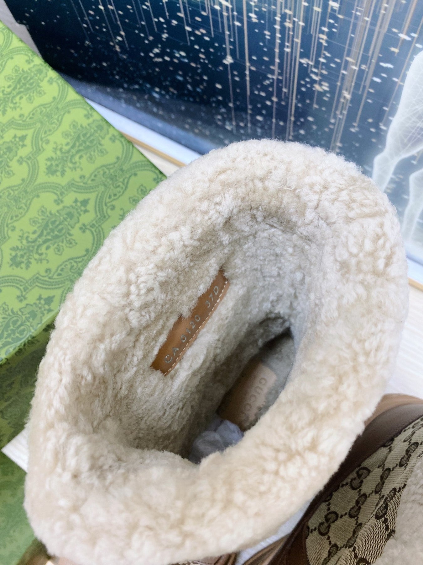 HORSEBIT ANKLE BOOTS WITH MERINO TRIM IN BEIGE JACQUARD FABRIC MIX BROWN CALFSKIN