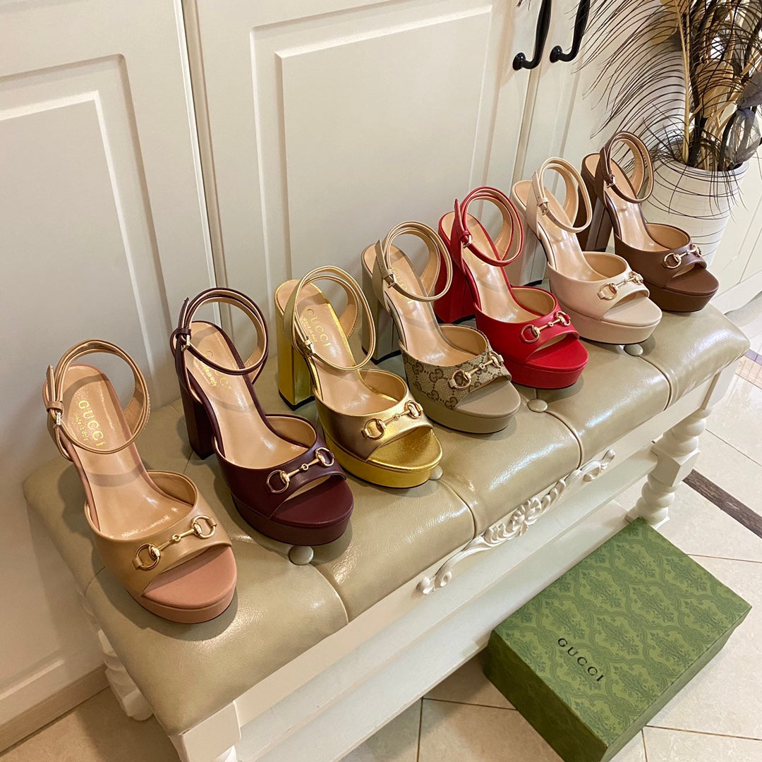 GG HORSEBIT PLATFORM SANDAL IN KHAKI BEIGE MONOGRAM CANVAS AND SHEEPSKIN LINING