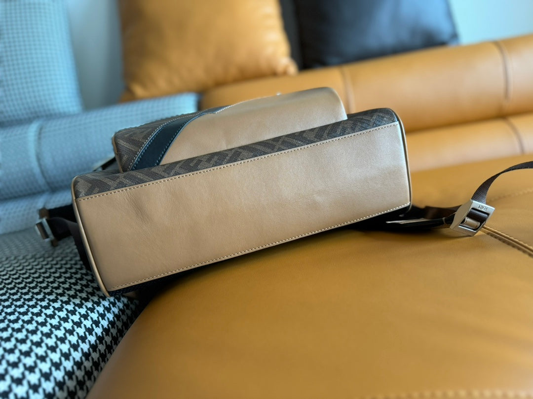 FENDI 44 MINI BACKPACK IN CAMEL BROWN MONOGRAM JACQUARD FABRIC AND CALFSKIN