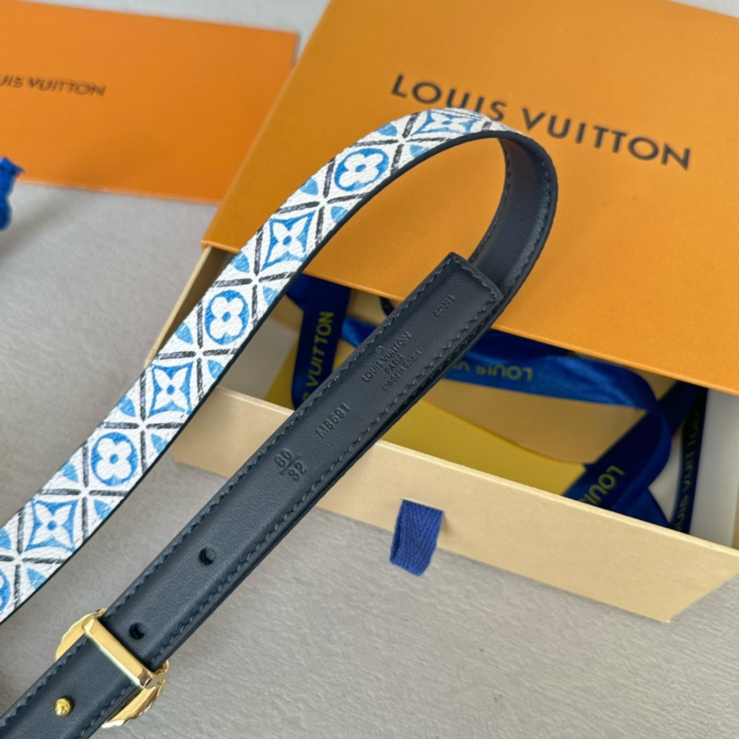 LV Circle Nautical 20mm Reversible Belt Gold Buckle Black White Blue Lambskin