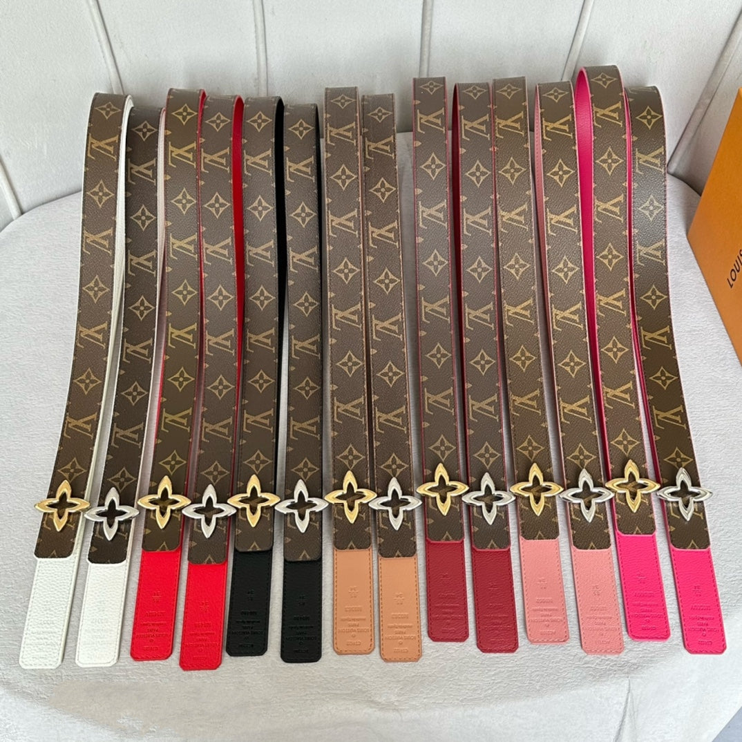 LV Flowergram 30mm Reversible Belt Silver Buckle Beige Brown Leather