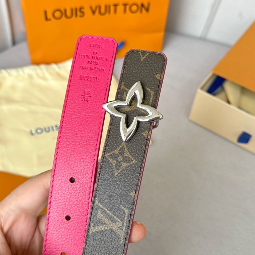 LV MINI FLOWERGRAM 30MM REVERSIBLE BELT IN BRIGHT PINK CALFSKIN SILVER HARDWARE