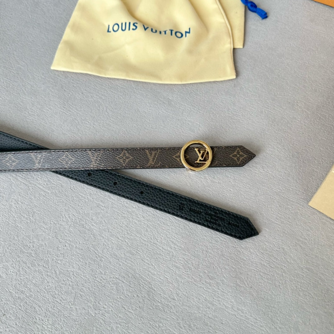 LV Circle 20mm Reversible Belt Gold Buckle Black Brown Leather